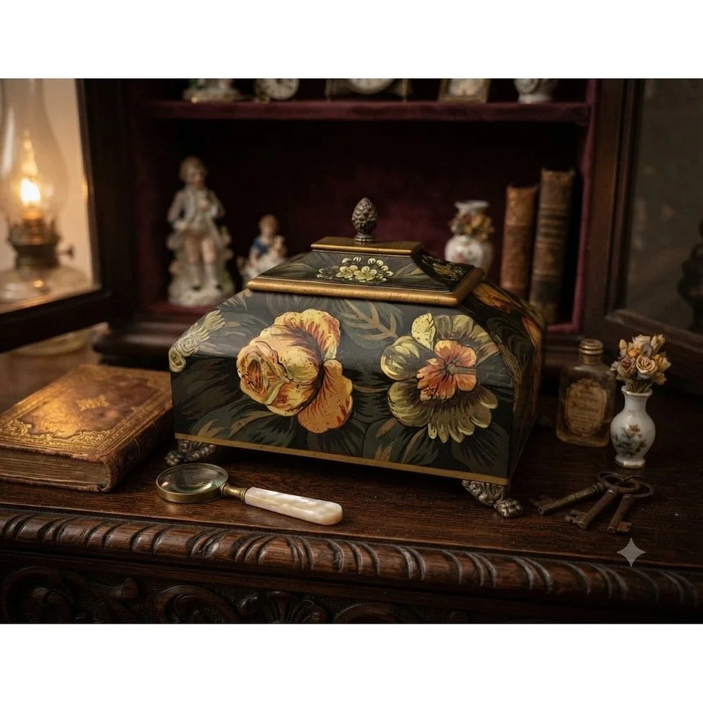 Vintage Floral Hand Painted Decorative Jewelry Box Lion Paw Feet Pinecone Finial